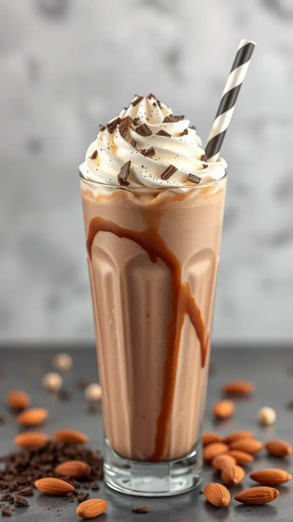 A delicious chocolate almond milkshake topped with whipped cream and chocolate shavings, surrounded by almonds and cocoa powder.