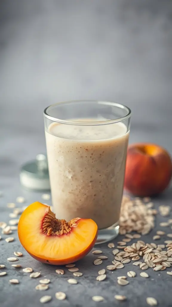 A glass of peach oatmeal smoothie with fresh peach slices and oats scattered around.