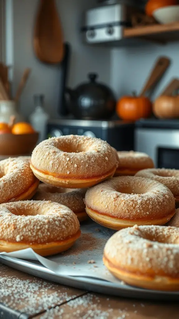 A plate of freshly made apple cider donuts, dusted with sugar, in a cozy kitchen setting.