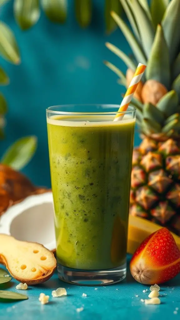 A refreshing Tropical Green Smoothie in a tall glass with a striped straw, surrounded by tropical fruits like pineapple and coconut.