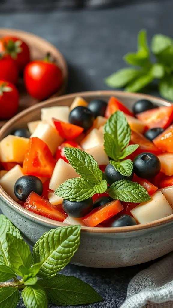 A bowl of Mediterranean fruit salad with mint, featuring tomatoes, bell peppers, and blueberries.
