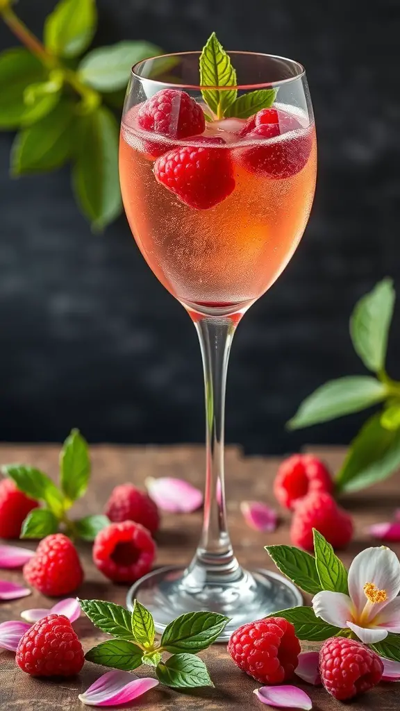 A refreshing Raspberry Hibiscus Sparkler drink with raspberries and mint leaves