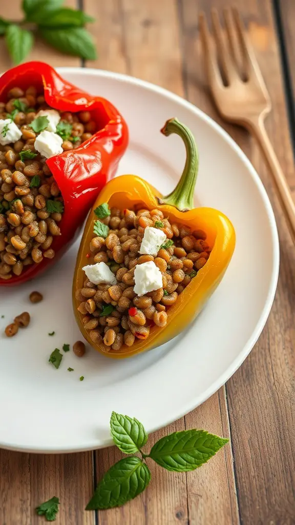 Two colorful stuffed bell peppers filled with lentils and feta cheese on a plate.