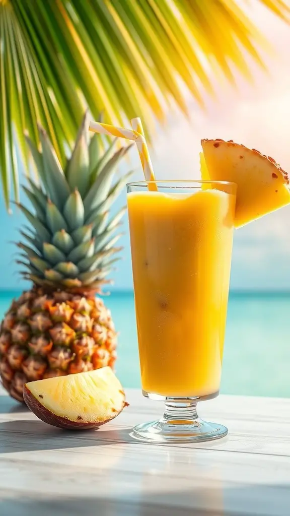 A refreshing Tropical Mango and Pineapple Smoothie with a slice of pineapple beside it.