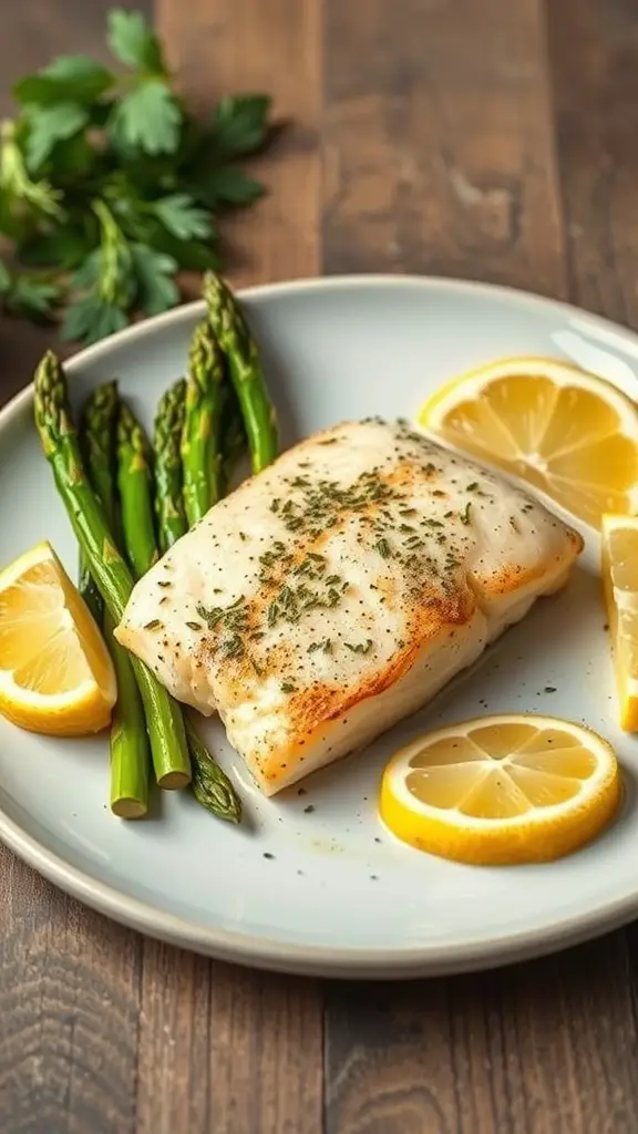 A plate of lemon garlic catfish with asparagus, garnished with lemon slices.