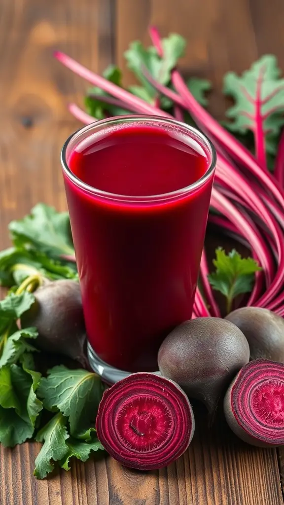 A glass of beetroot juice surrounded by fresh beetroots and leafy greens.