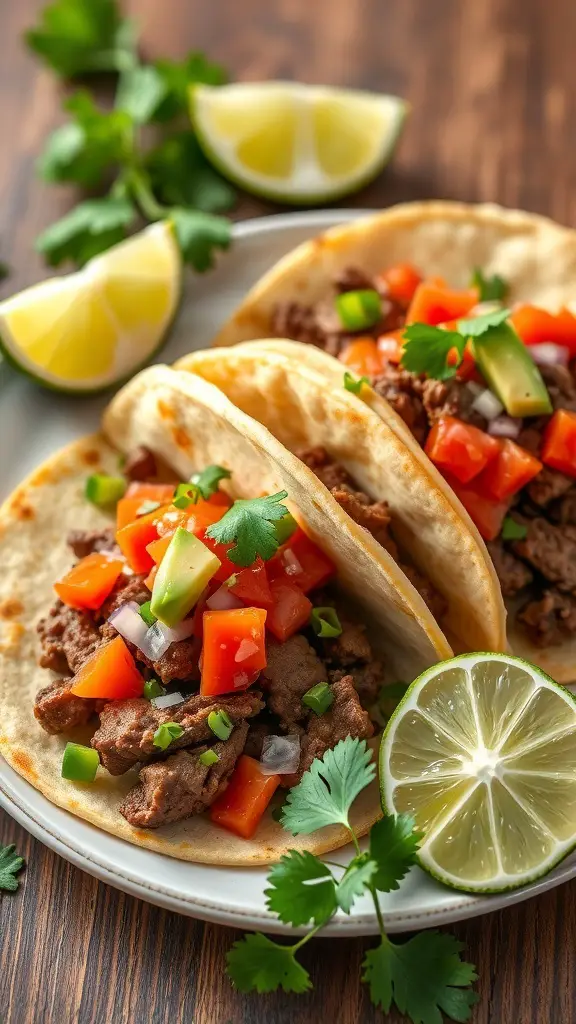 Three beef tacos topped with fresh salsa and lime wedges on a wooden table.