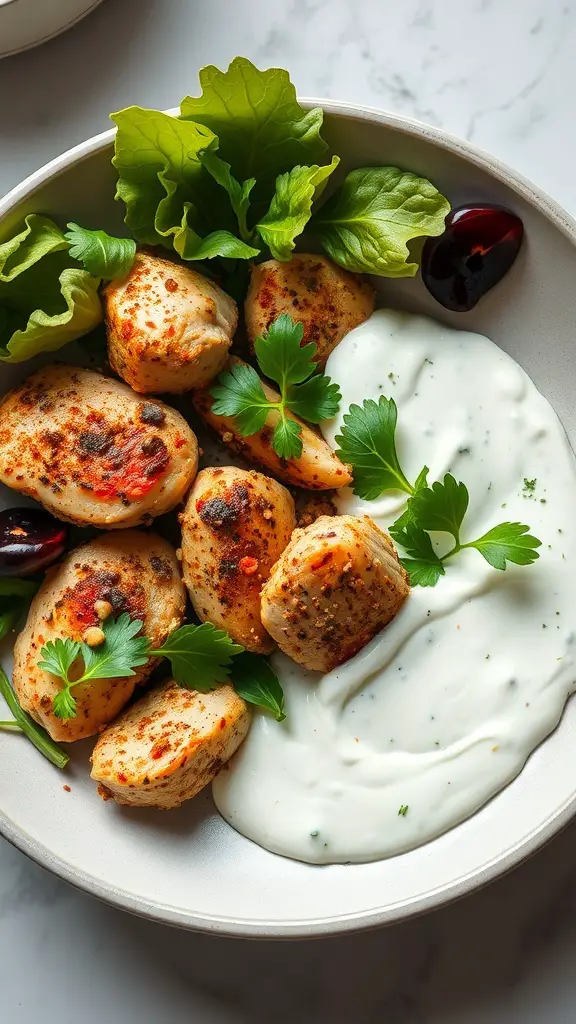 A bowl of zaatar spiced chicken with greens and yogurt sauce