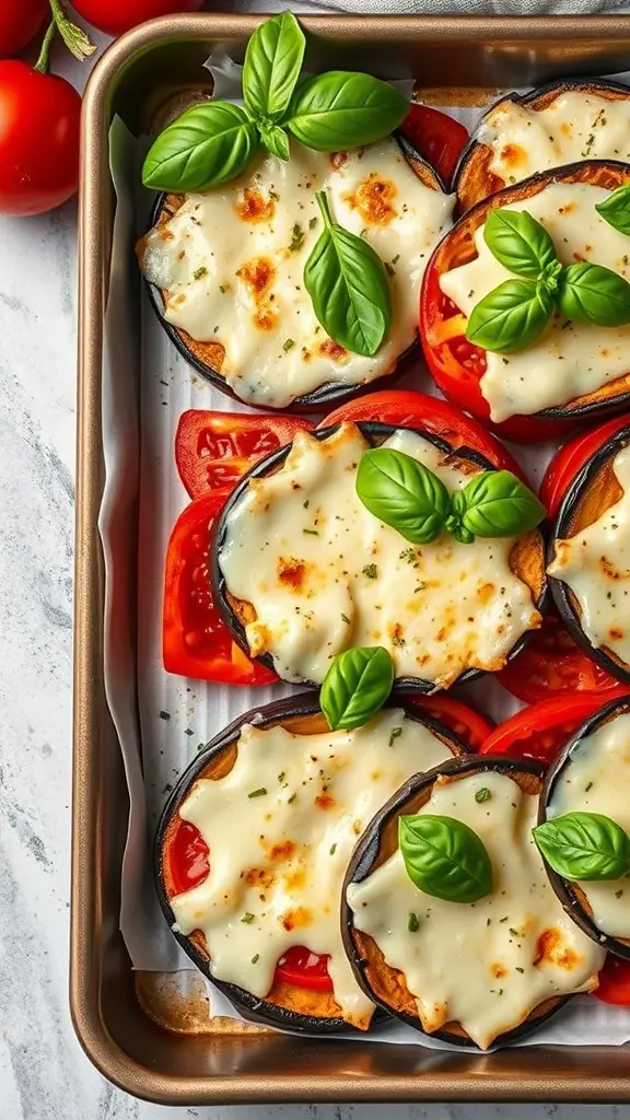 A tray of roasted eggplant and tomato stacks topped with melted cheese and fresh basil.