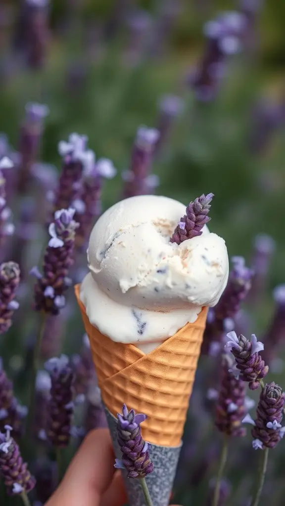 A scoop of lavender honey ice cream in a cone, surrounded by lavender flowers.