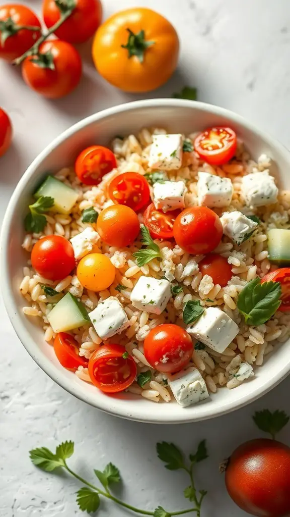 A bowl of Mediterranean Orzo Salad with cherry tomatoes, feta cheese, and fresh herbs.