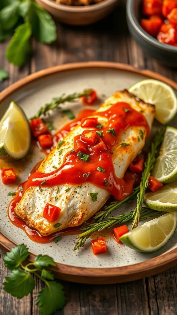 A plate of spicy baked tilapia topped with chili lime sauce, garnished with lime wedges and diced peppers.