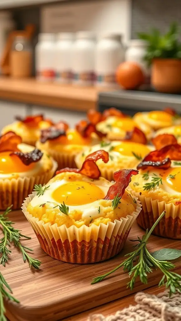 Delicious egg and bacon breakfast muffins topped with herbs, displayed on a wooden board.