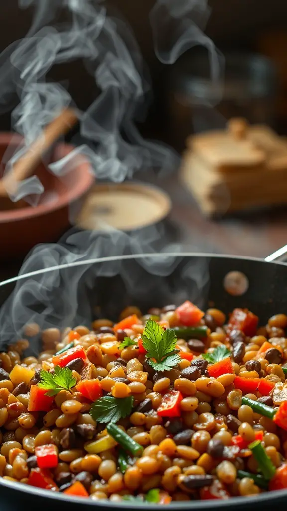 A pan of spicy lentil and vegetable stir-fry with steam rising, showcasing colorful ingredients.