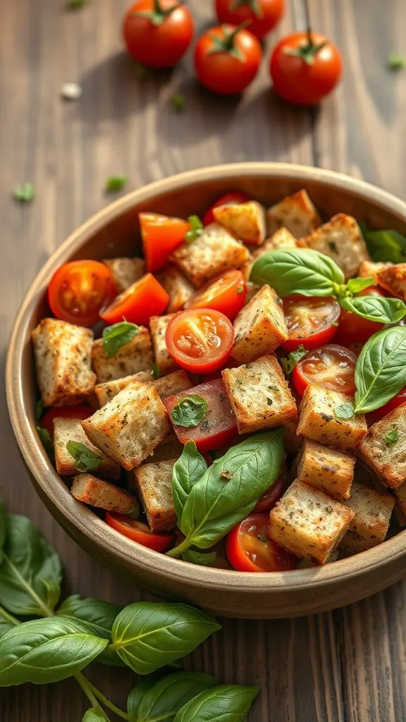 A bowl of Panzanella salad with grilled bread, tomatoes, and basil