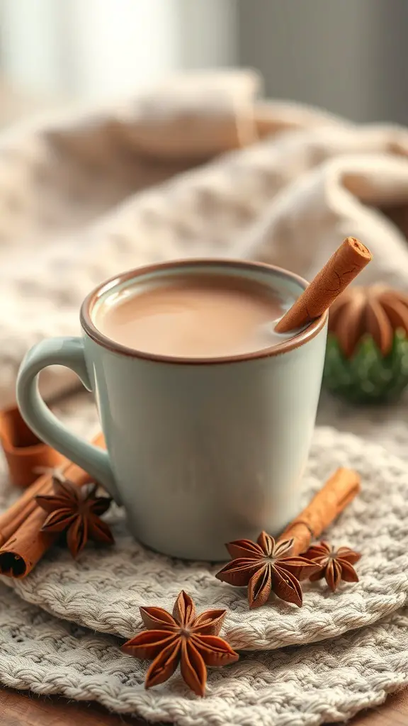 A cozy cup of spiced hot cocoa with a cinnamon stick and star anise.
