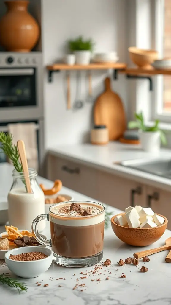 A cozy vegan hot chocolate setup with a cup of hot chocolate, toppings, and ingredients.