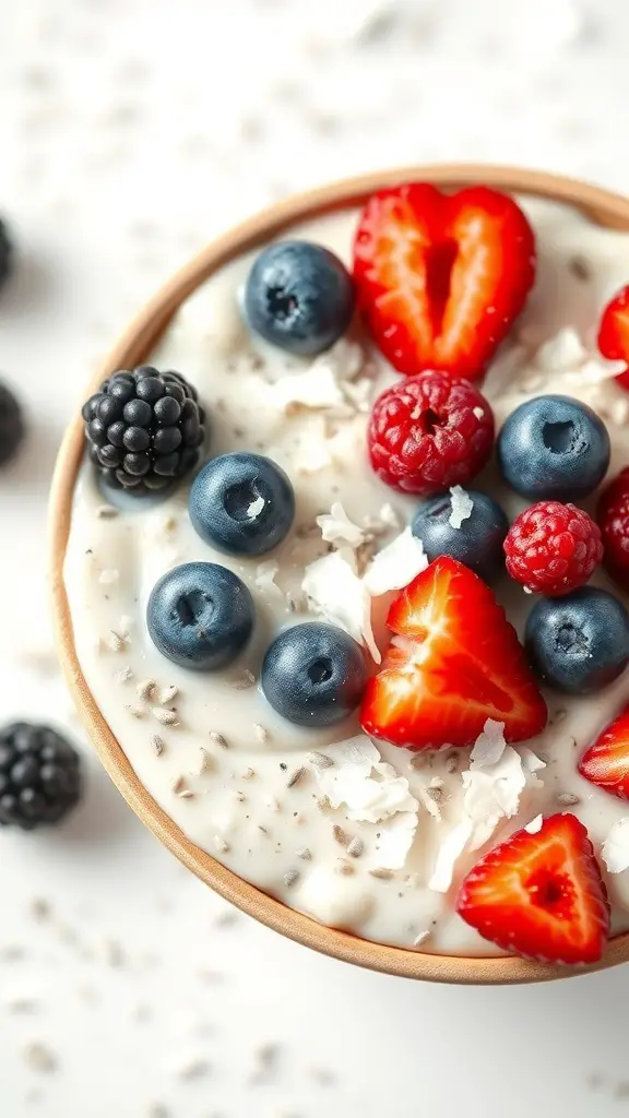 A bowl of coconut chia seed pudding topped with fresh berries and shredded coconut.