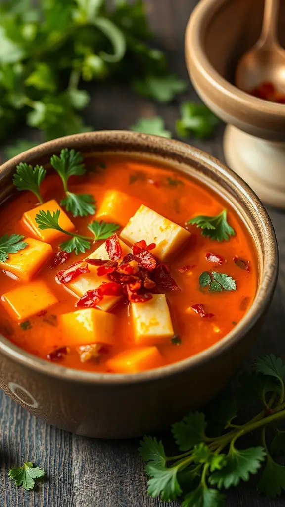 A bowl of spicy kimchi tofu soup garnished with cilantro and chili flakes