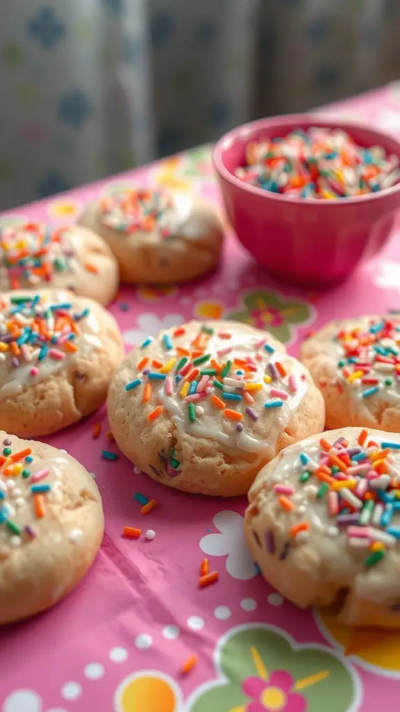 A plate of sprinkle-studded cookies with colorful sprinkles on top, next to a bowl of sprinkles.