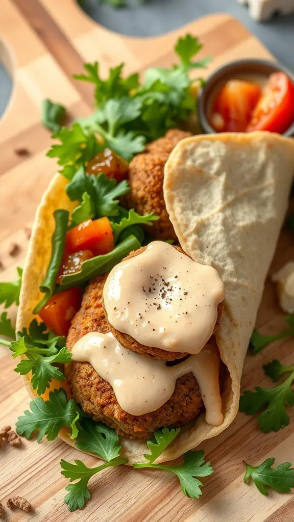 A falafel wrap filled with greens, tomatoes, and tahini sauce on a wooden board.