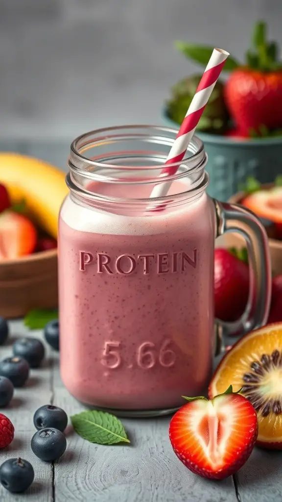 A protein smoothie in a mason jar surrounded by fresh fruits
