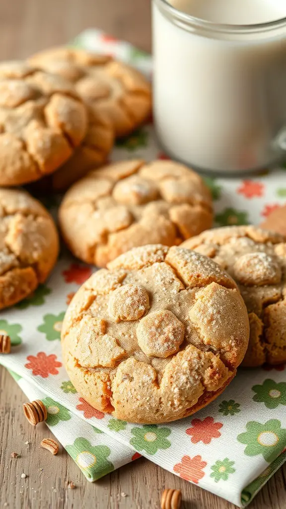 A plate of spiced toffee snickerdoodles with a glass of milk