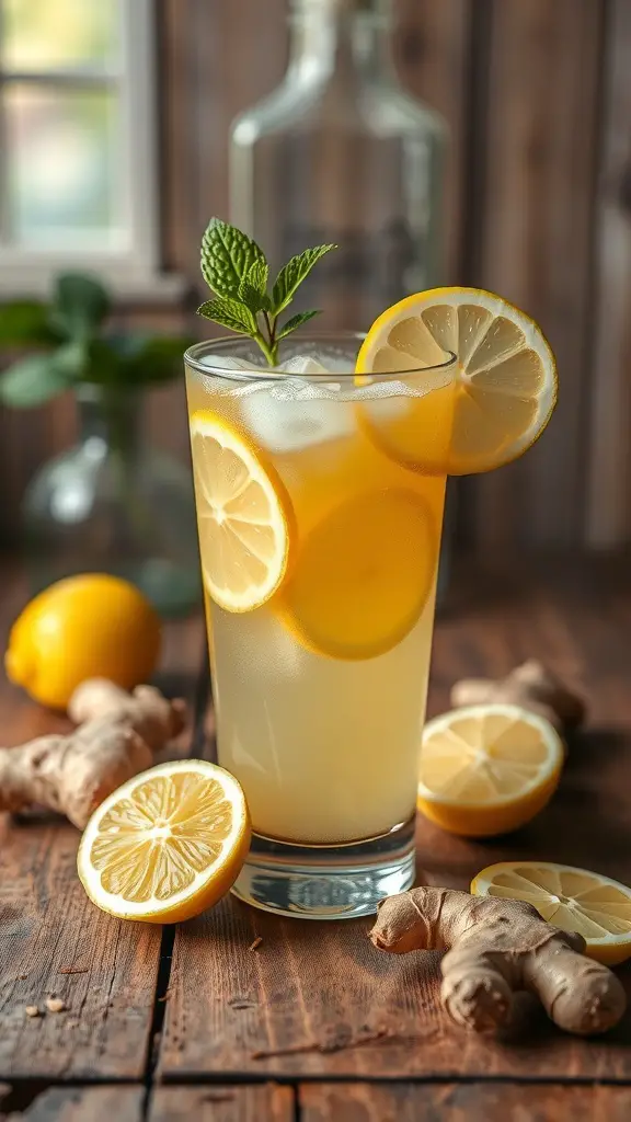 A refreshing glass of Spicy Ginger Lemonade with lemon slices and ginger root on a wooden table.