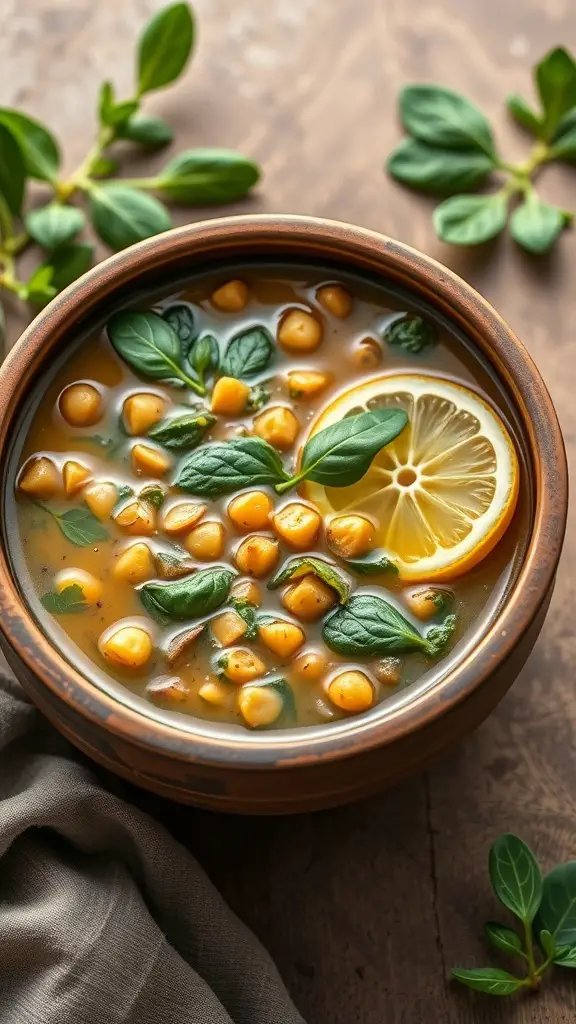 A bowl of Mediterranean Chickpea and Spinach Soup with a slice of lemon and fresh spinach leaves