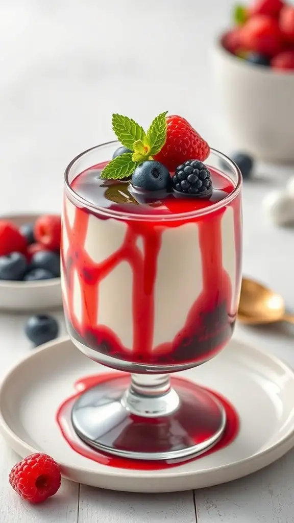 A glass of panna cotta topped with berry sauce and fresh berries