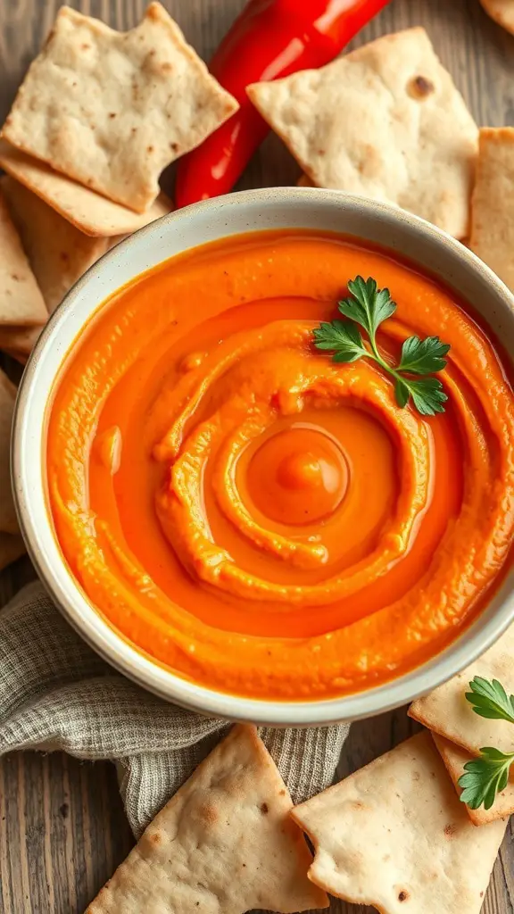 A bowl of roasted red pepper hummus soup with pita chips on the side