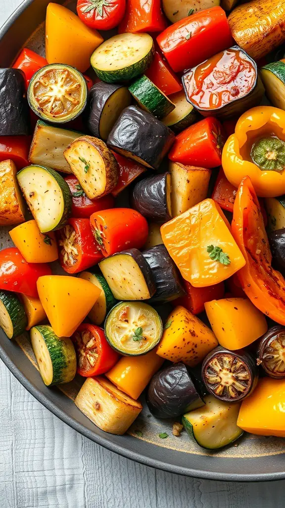 A colorful medley of roasted vegetables including bell peppers, zucchini, eggplant, and tomatoes.