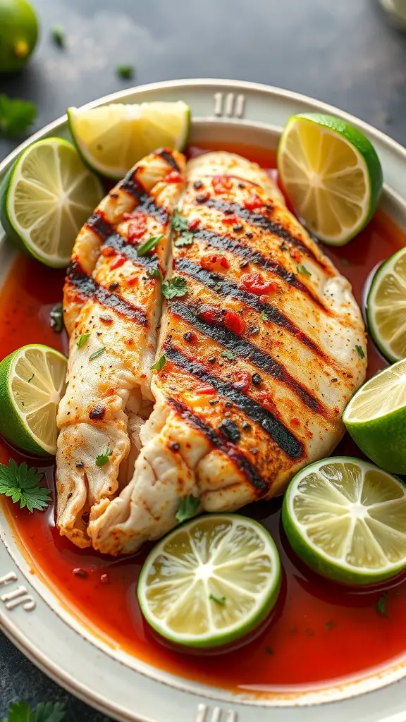 Grilled snapper with chili sauce and lime slices on a plate