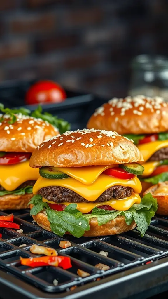 Three stuffed beef burgers with cheese, topped with lettuce, tomatoes, and pickles, on a grill.