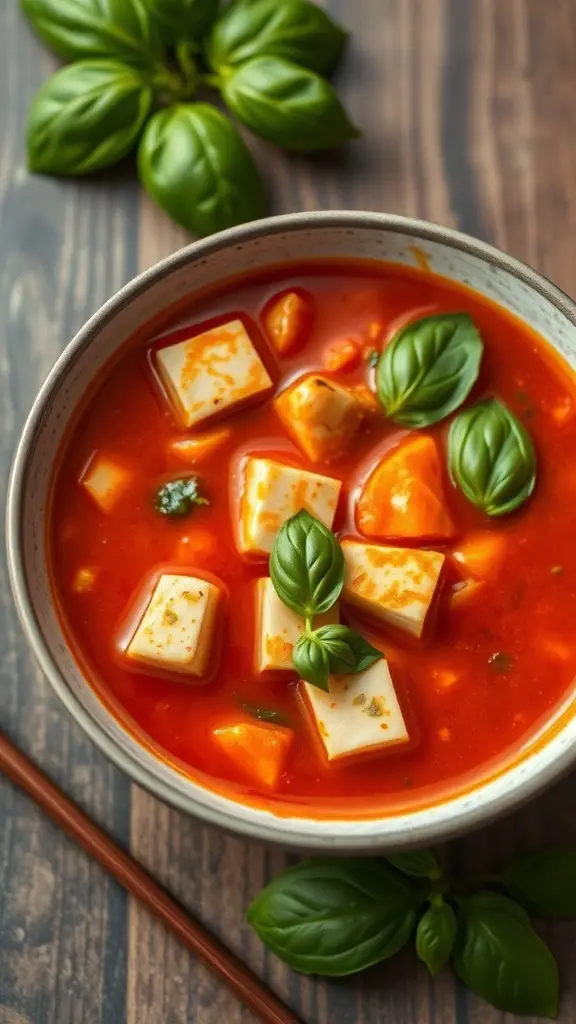 A bowl of chili garlic tofu soup with tofu cubes, vegetables, and basil leaves on top.