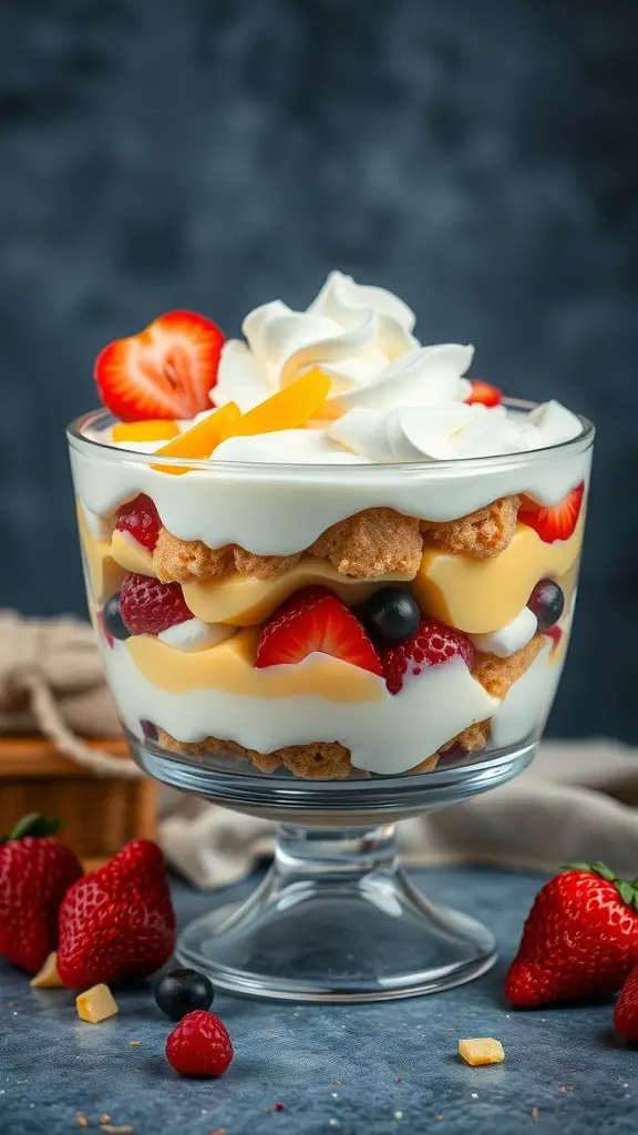 A classic British trifle with layers of sponge cake, custard, and fresh fruits, topped with whipped cream.