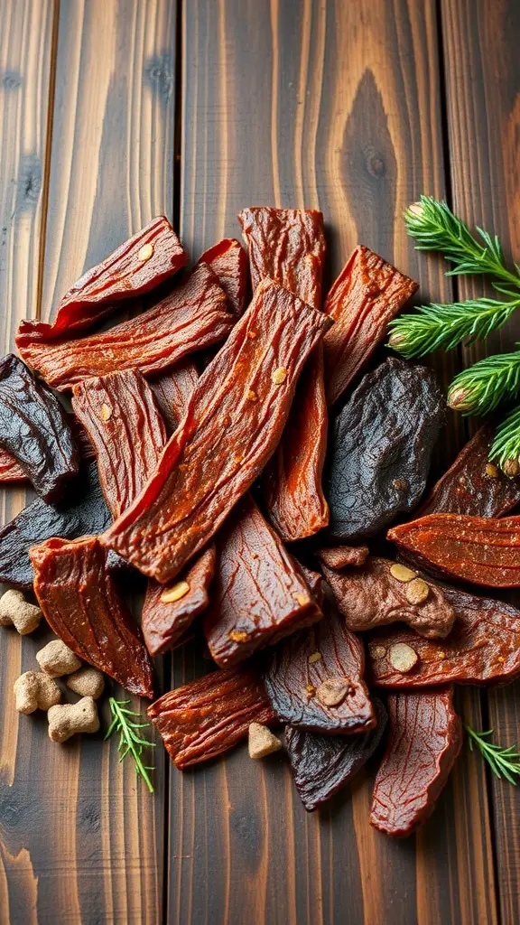 A variety of beef jerky pieces displayed on a wooden surface.