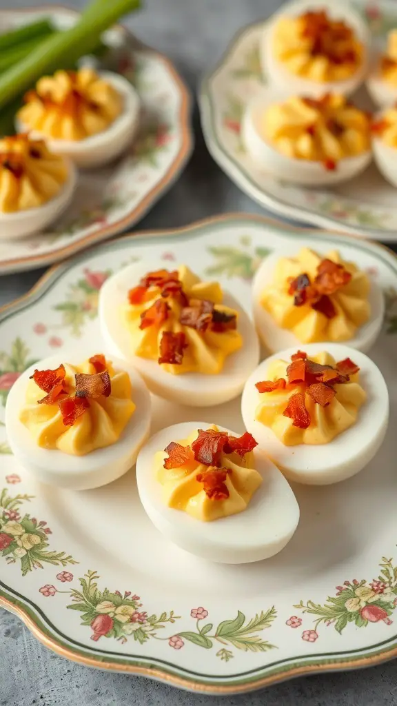 A plate of deviled eggs topped with bacon bits, garnished with green onions.
