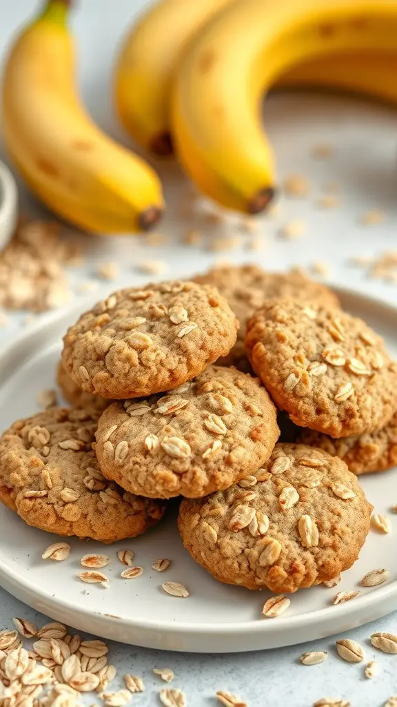 A plate of banana oatmeal cookies with bananas in the background