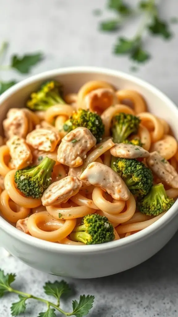 A bowl of chicken and broccoli pasta with creamy sauce and fresh herbs.