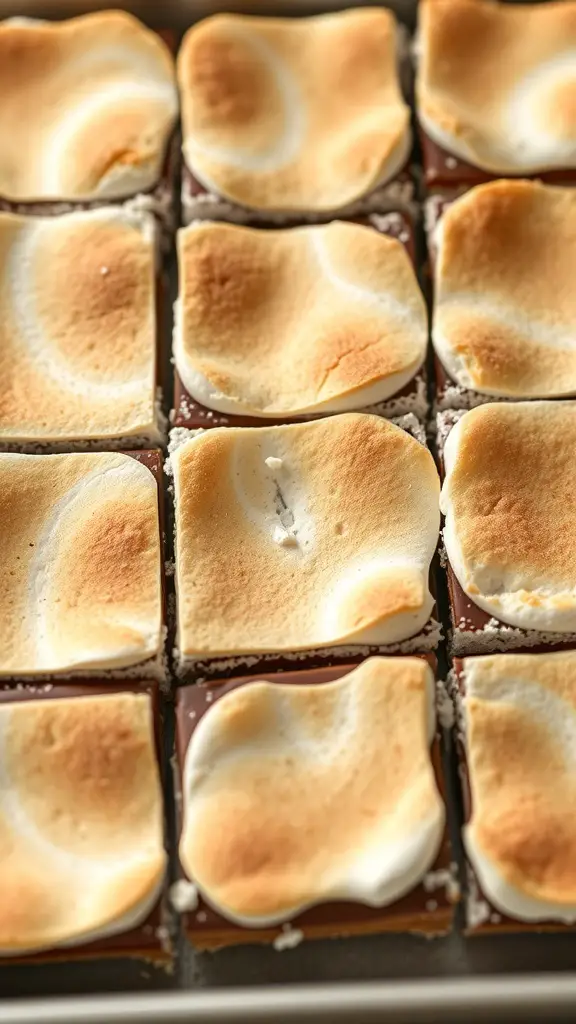 S'mores Bars with golden toasted marshmallows on top of chocolate and graham cracker crust.