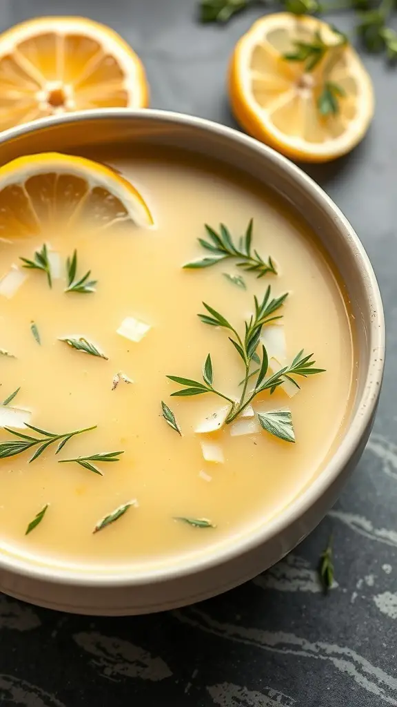 A bowl of Greek Avgolemono soup garnished with lemon slices and herbs.