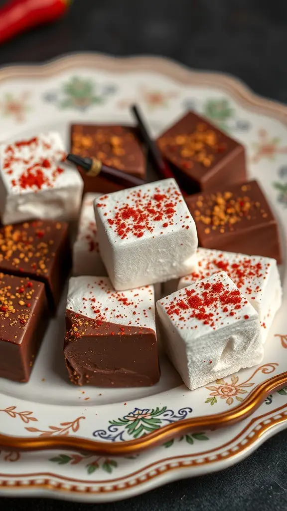 A plate of chocolate-covered marshmallows with chili flakes sprinkled on top.