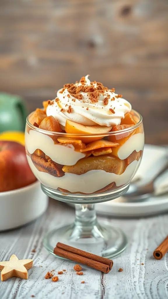 A delicious apple cinnamon trifle in a glass dish, featuring layers of apples, cream, and whipped topping.