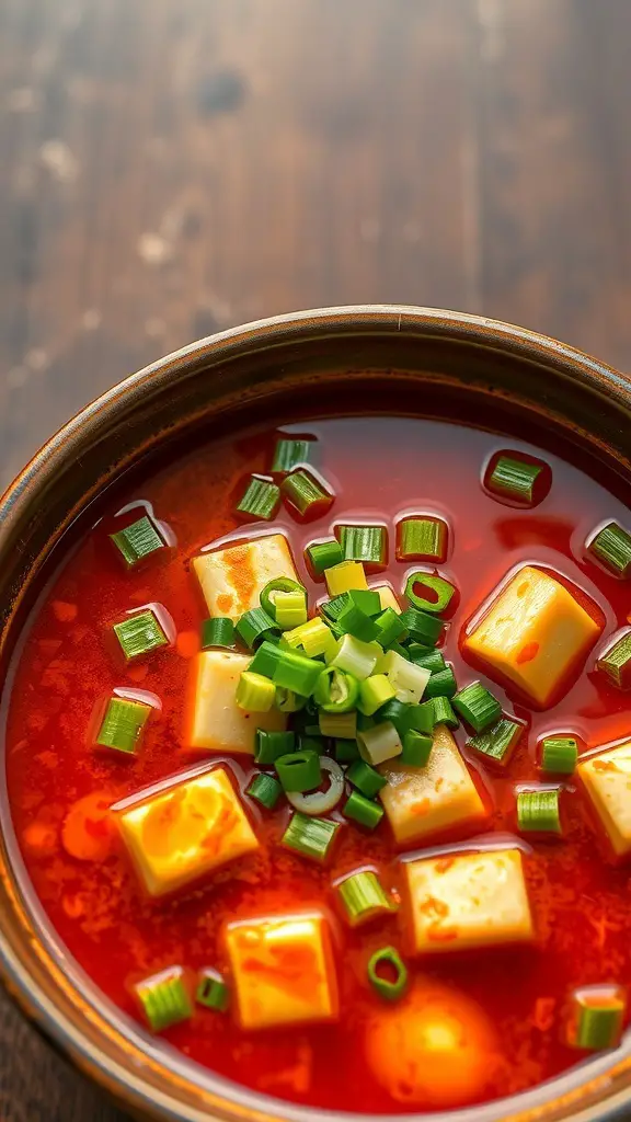 A bowl of Szechuan Spicy Tofu Soup with tofu cubes and green onions on top.