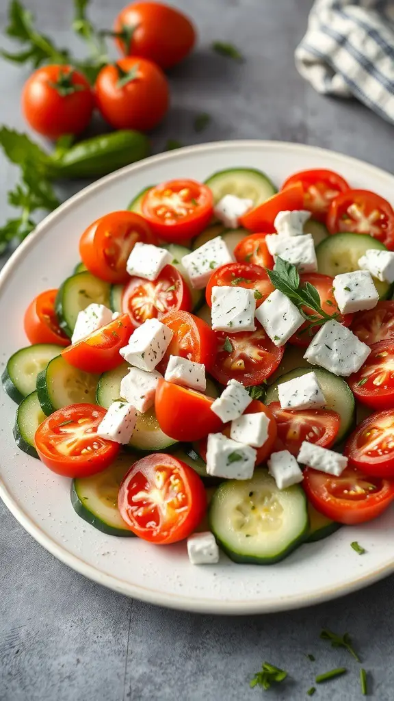 A colorful Cucumber and Tomato Feta Salad with fresh ingredients.