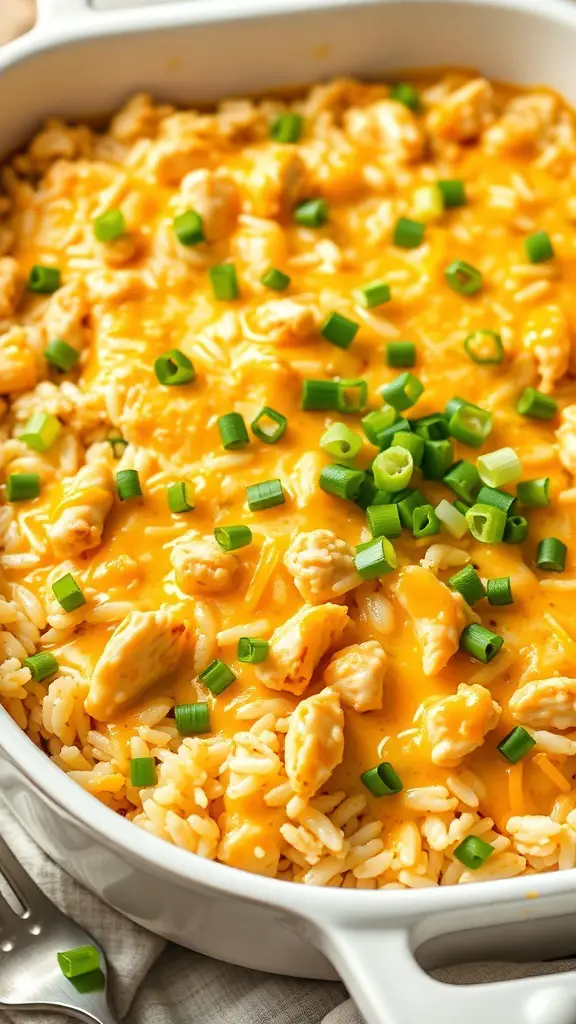 A close-up of a chicken and rice casserole topped with melted cheese and green onions.