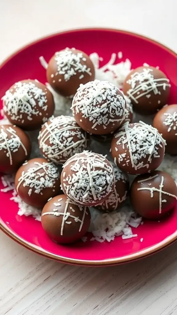 A vibrant plate of chocolate coconut fat bombs sprinkled with shredded coconut.