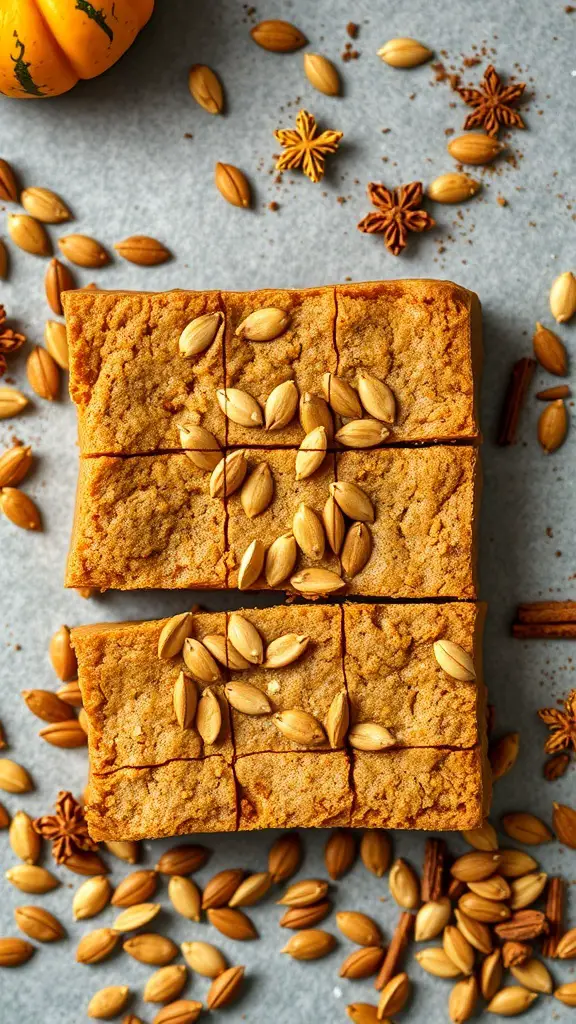 Pumpkin spice protein bars topped with pumpkin seeds and surrounded by spices