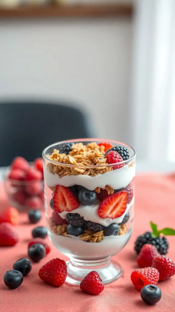 A Greek yogurt parfait with layers of berries and granola in a glass